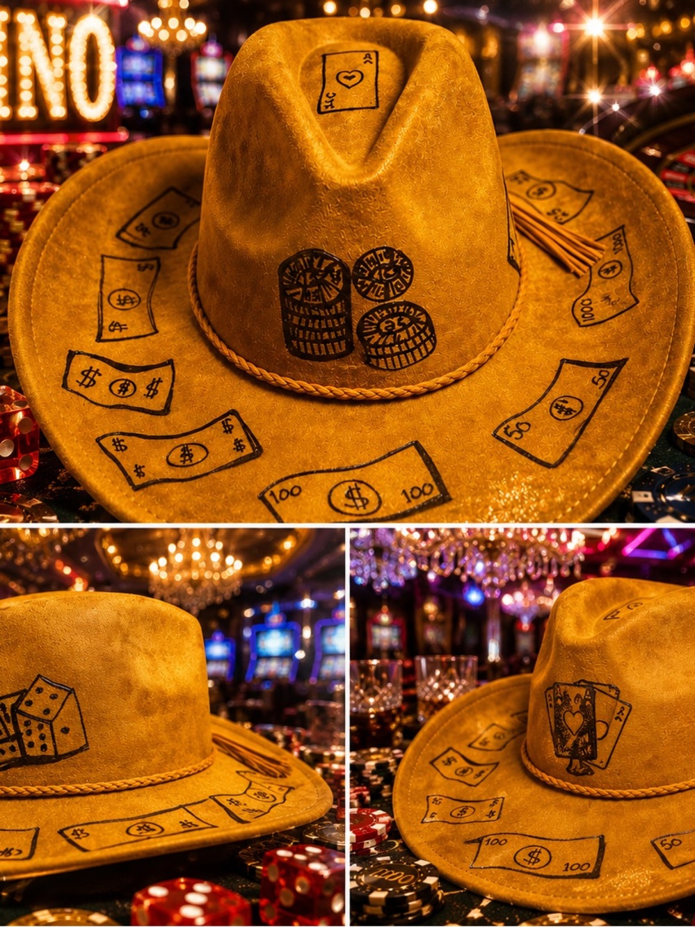 Brown vegan suede Cowboy Hat with Casino Motif - Men's Accessory